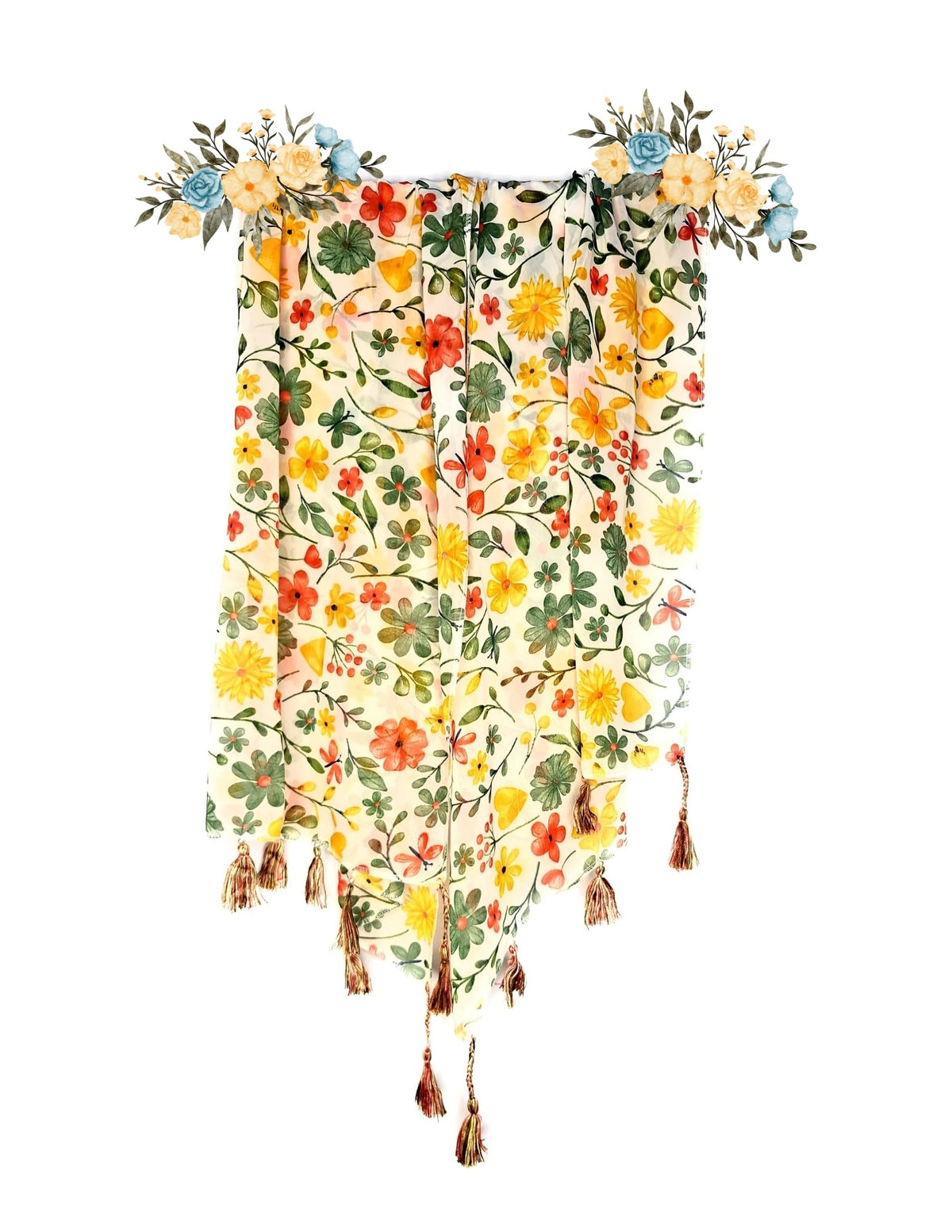 Chandwasia Fashion Floral Printed Scarf | Neck Shoulder Head Wrap Styling Dupatta Use | Polyester Chiffon Fabric Tassel Border Lightweight Pattern Women - Cream