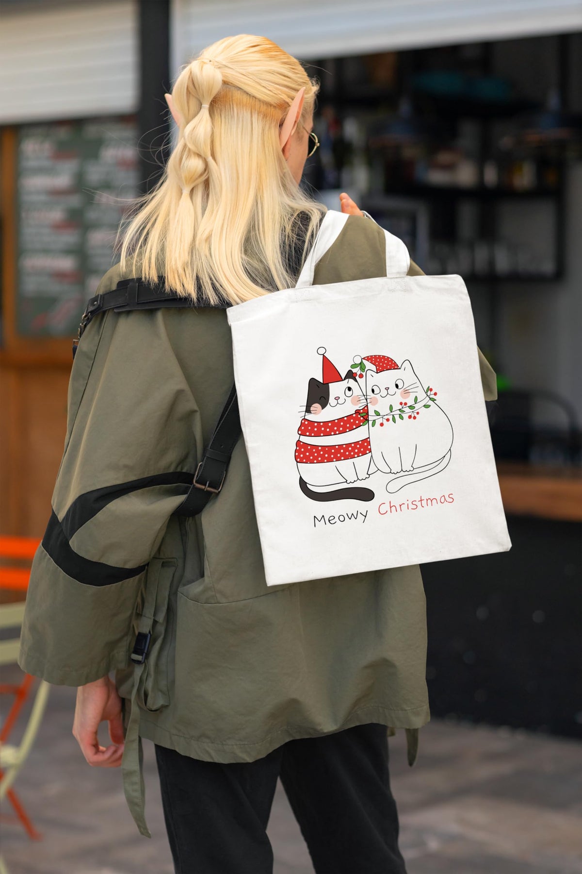 Happu-White Cotton Canvas Tote Bag with Zip | Happy Christmas Festive Print | Reusable, Washable & Eco-Friendly Multi-Purpose Tote for Women & Girls HPK-3441
