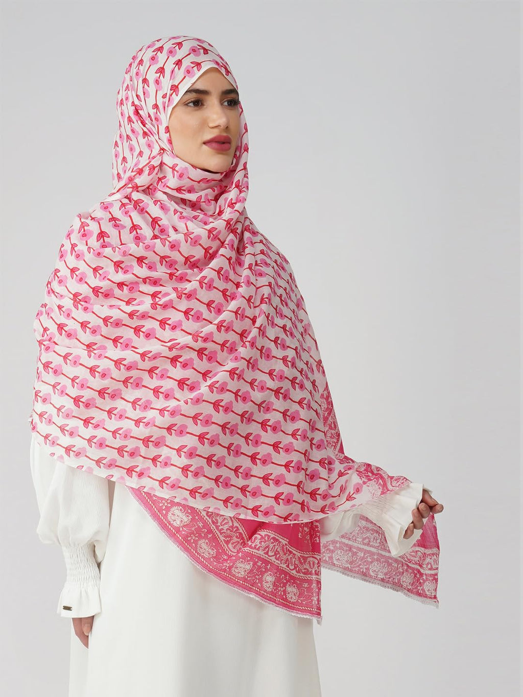 ANAApparels ANA Amal Pink Floral Dupatta | 88 x 43 Inches – Premium Mulmul Cotton | Lace Border | Lightweight, Soft & Breathable