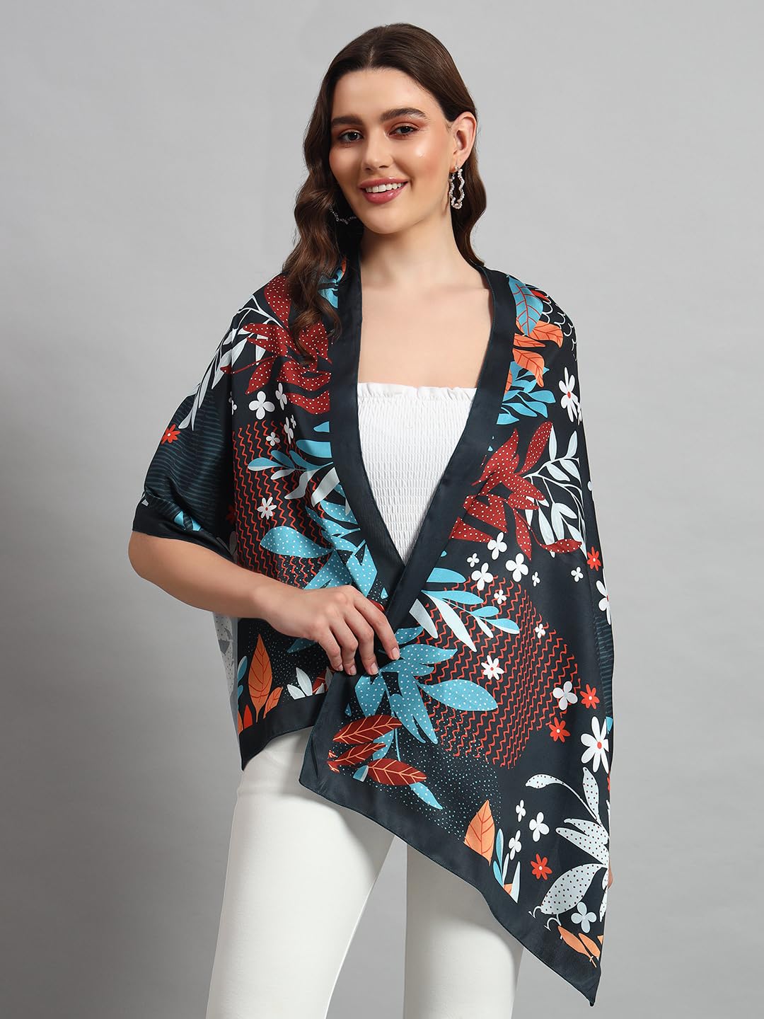 Ravaiyaa - Attitude is everything Women Lightweight Printed 100% Satin Silk Scarf Stoles Breathable Neckerchief Head Beach Wrap Scarves (Black Floral, 70 x 20 Inch)