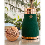 INDIAN ART VILLA Pure Copper Bedroom Water Bottle with Inbuilt Glass, Green Silk Finish Hammered Design, Drinkware & Storage Purpose - Volume 950 ML (Pack of 1)