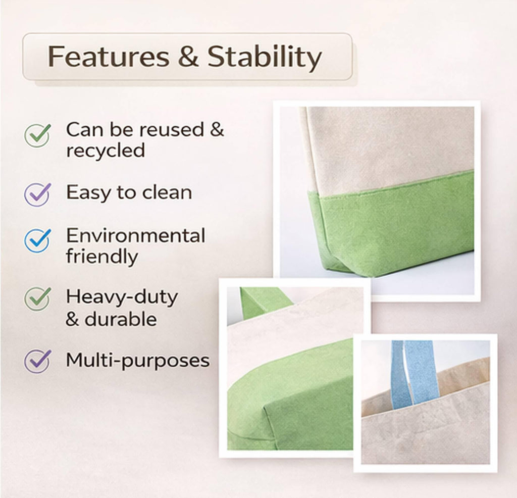 Lify Heavy Duty Cotton Canvas Tote Bag Grocery Shopping Bag, Cotton Tote Bags eco-friendly for Schools, promotion, branding- 3 &4 Pc Pack (OW/PGREEN, OW/BP &OW/Yellow & OW/BLUE- 4Piece Pack)