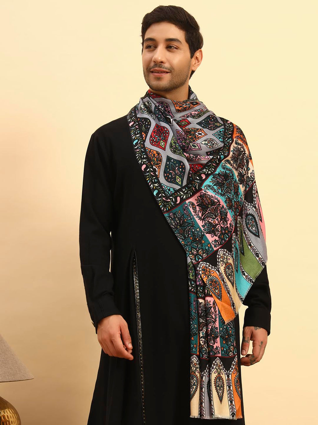 Pashmoda Men Floral Sonata Royal Fine Soft Bamboo Fibre Stole, Multicoloured Design, Evening Wrap, Luxury Pashmina Style Scarf, Wrap, Sustainable and Natural Fabric (Size 28x80, Dgrey colour) MISST32