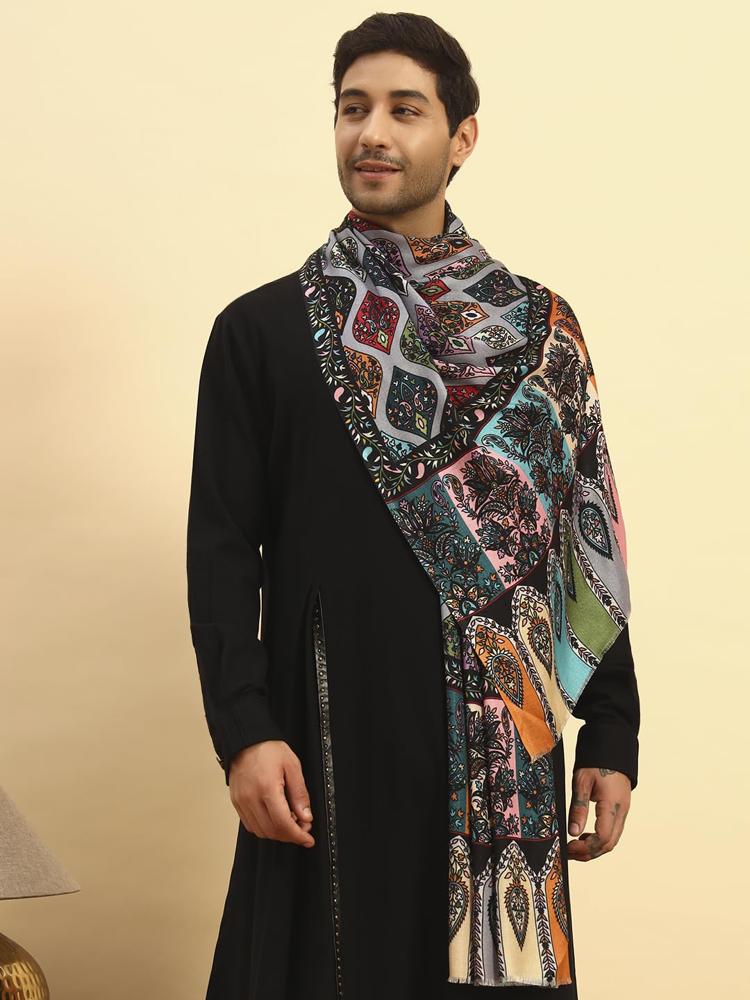 Pashmoda Men Floral Sonata Royal Fine Soft Bamboo Fibre Stole, Multicoloured Design, Evening Wrap, Luxury Pashmina Style Scarf, Wrap, Sustainable and Natural Fabric (Size 28x80, Dgrey colour) MISST32
