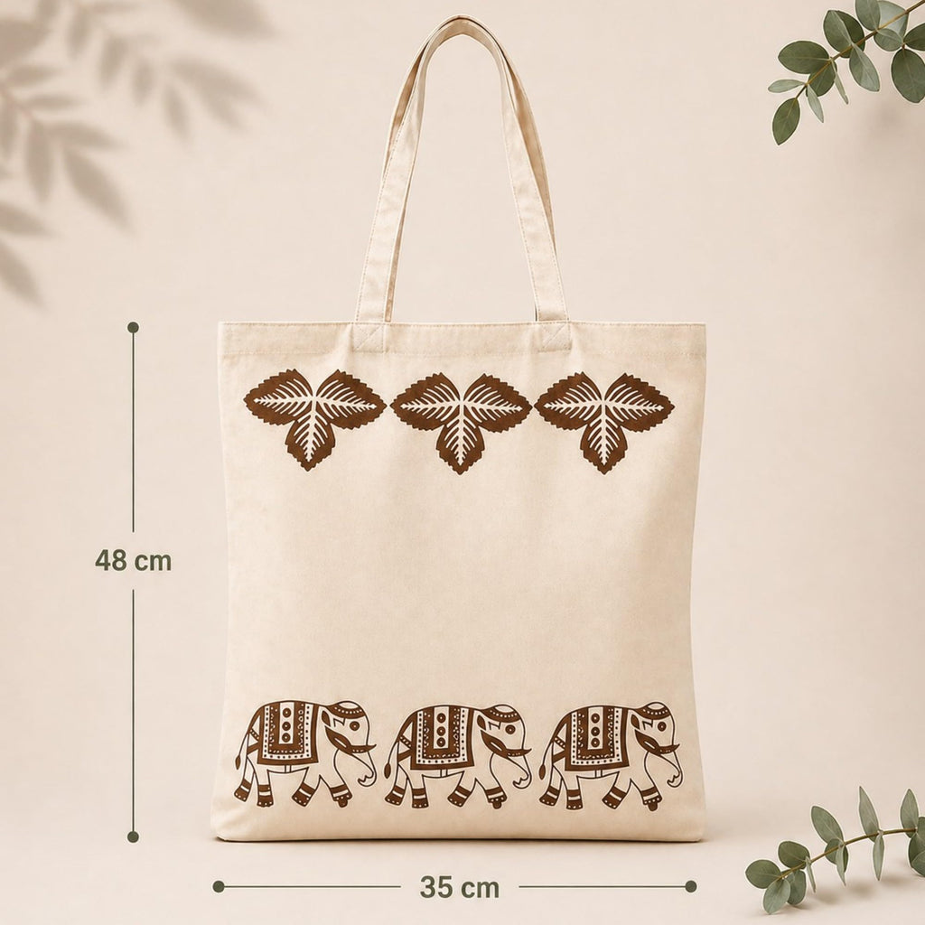 Neelkanth Imprint Eco-Friendly Hand Block Printed Elephant Border Cotton Canvas Tote Bag, Reusable Shopping & Daily Use Shoulder Handbag