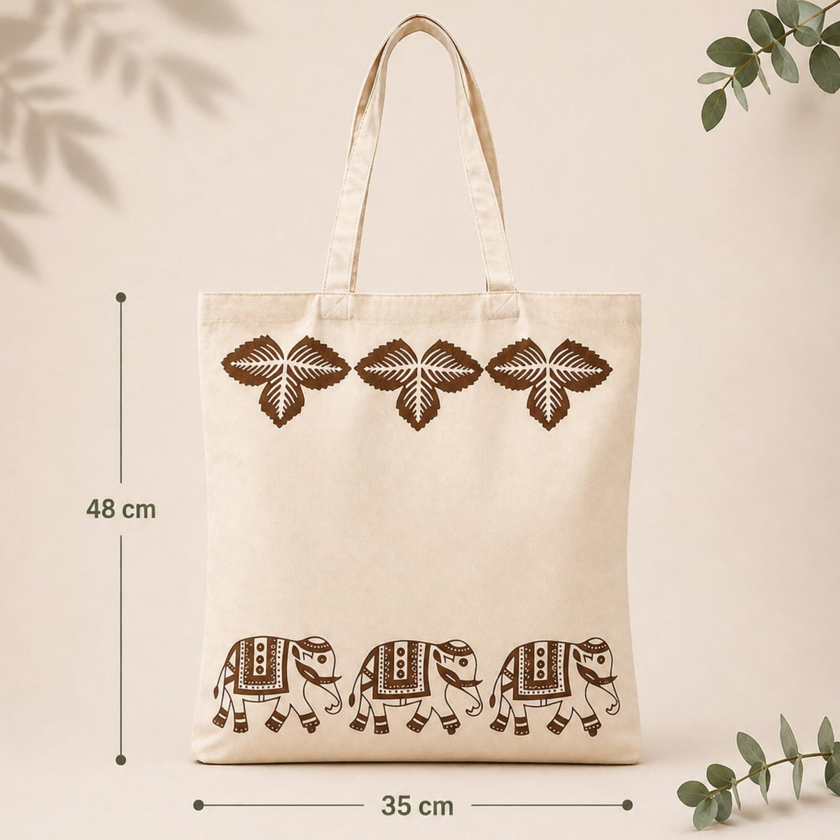 Neelkanth Imprint Eco-Friendly Hand Block Printed Elephant Border Cotton Canvas Tote Bag, Reusable Shopping & Daily Use Shoulder Handbag