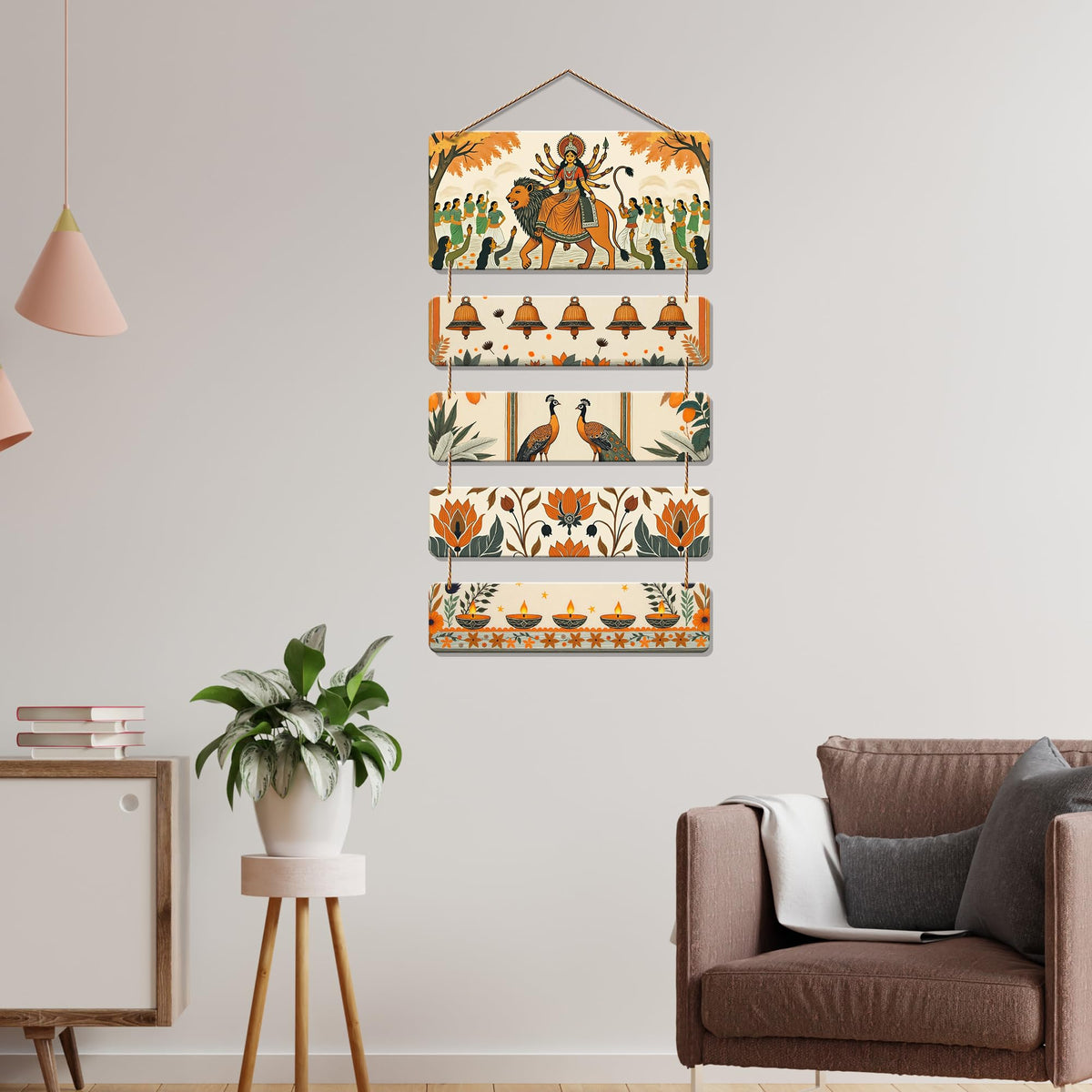 Artvibes Maa Durga Diyas Flowers & Peacock Auspicious Wooden Art Work Wall Hanging | Spiritual Decor Items | Spiritual Decor Items | Wall Sculpture | Signs & Plaques | Gift Items (WH_6718N)