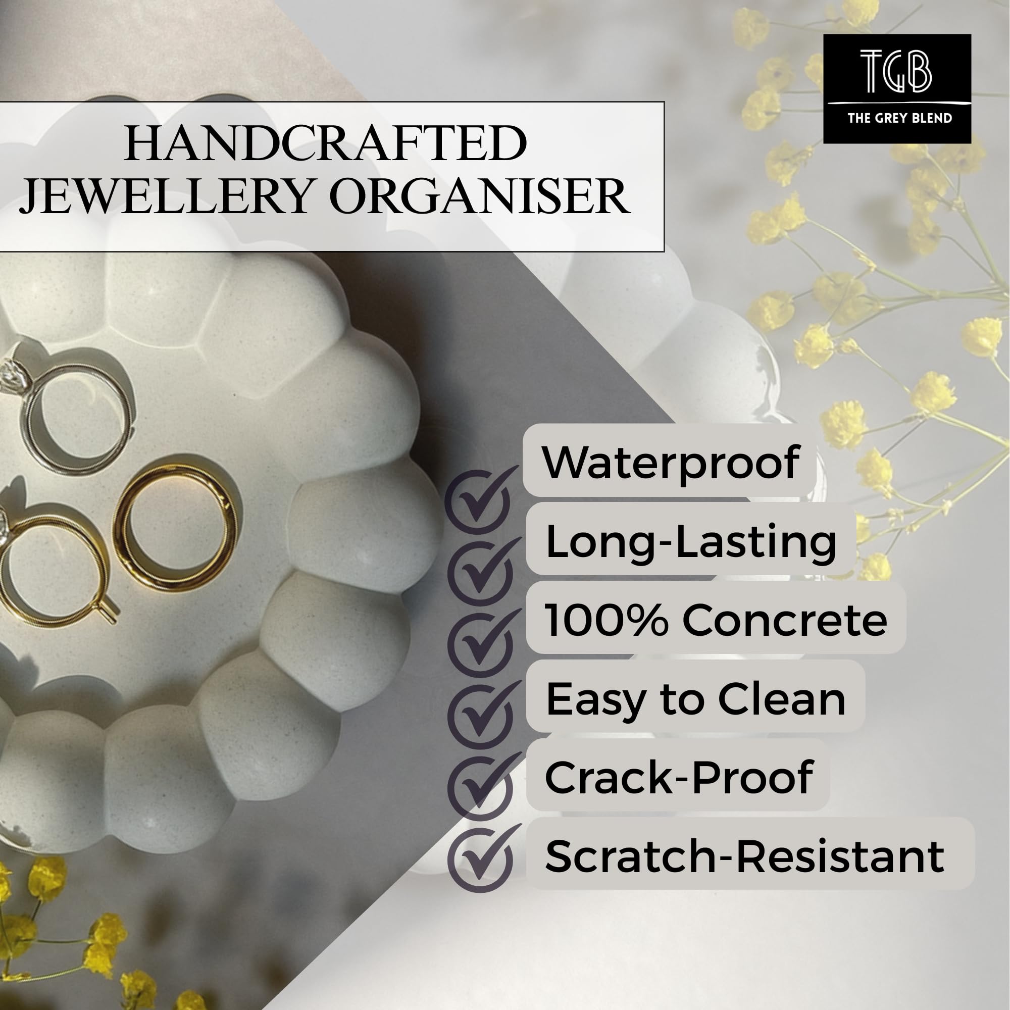 THE GREY BLEND® Trinket Tray for Jewellery - Handmade Concrete Jewelry Dish Organizer for Rings, Earrings & Makeup | Aesthetic Vanity Tray for Dresser, Bathroom & Home Decor