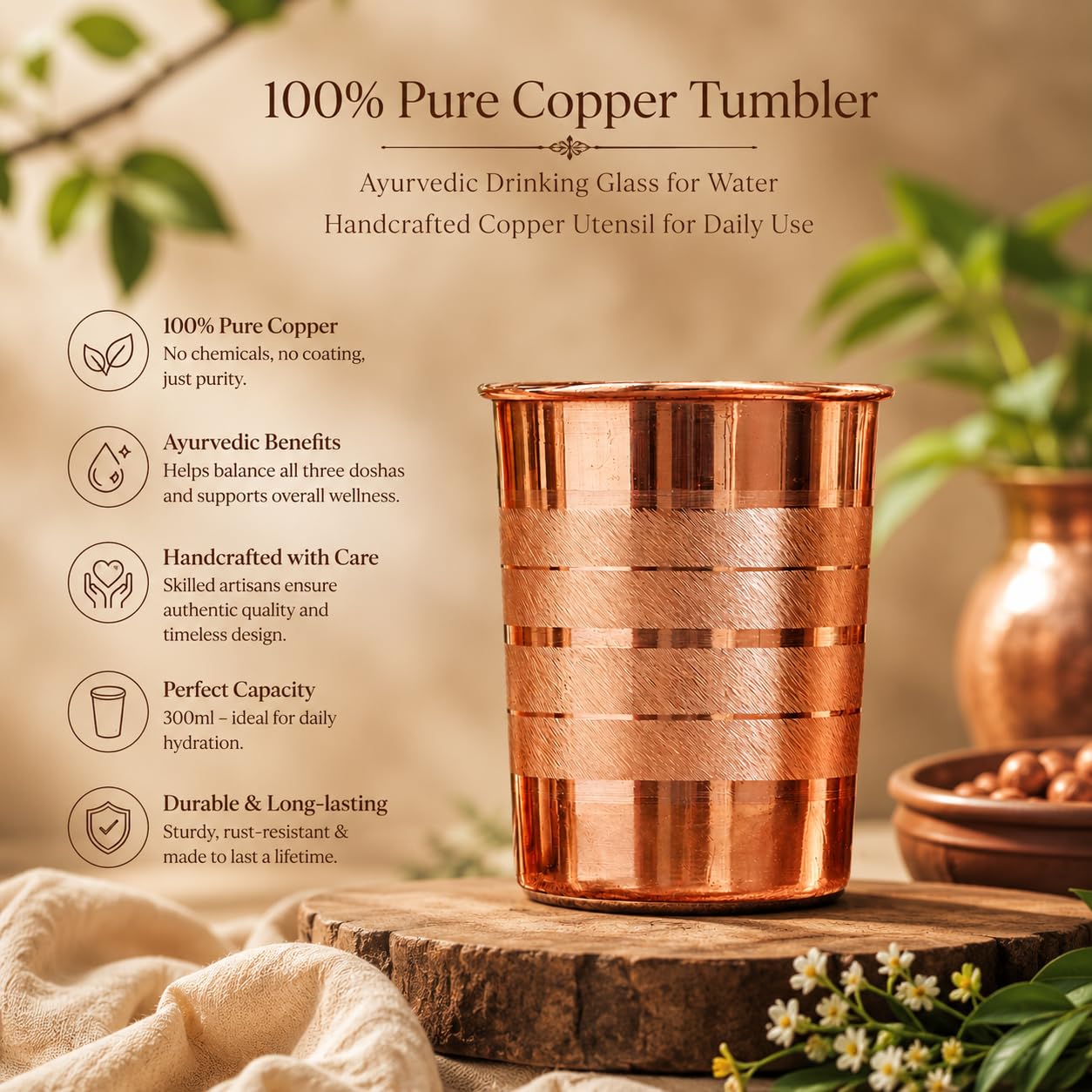 Adoko 100% Pure Copper Tumbler 300ml | Ayurvedic Drinking Glass for Water | Handcrafted Copper Utensil for Daily Use – 1Pc