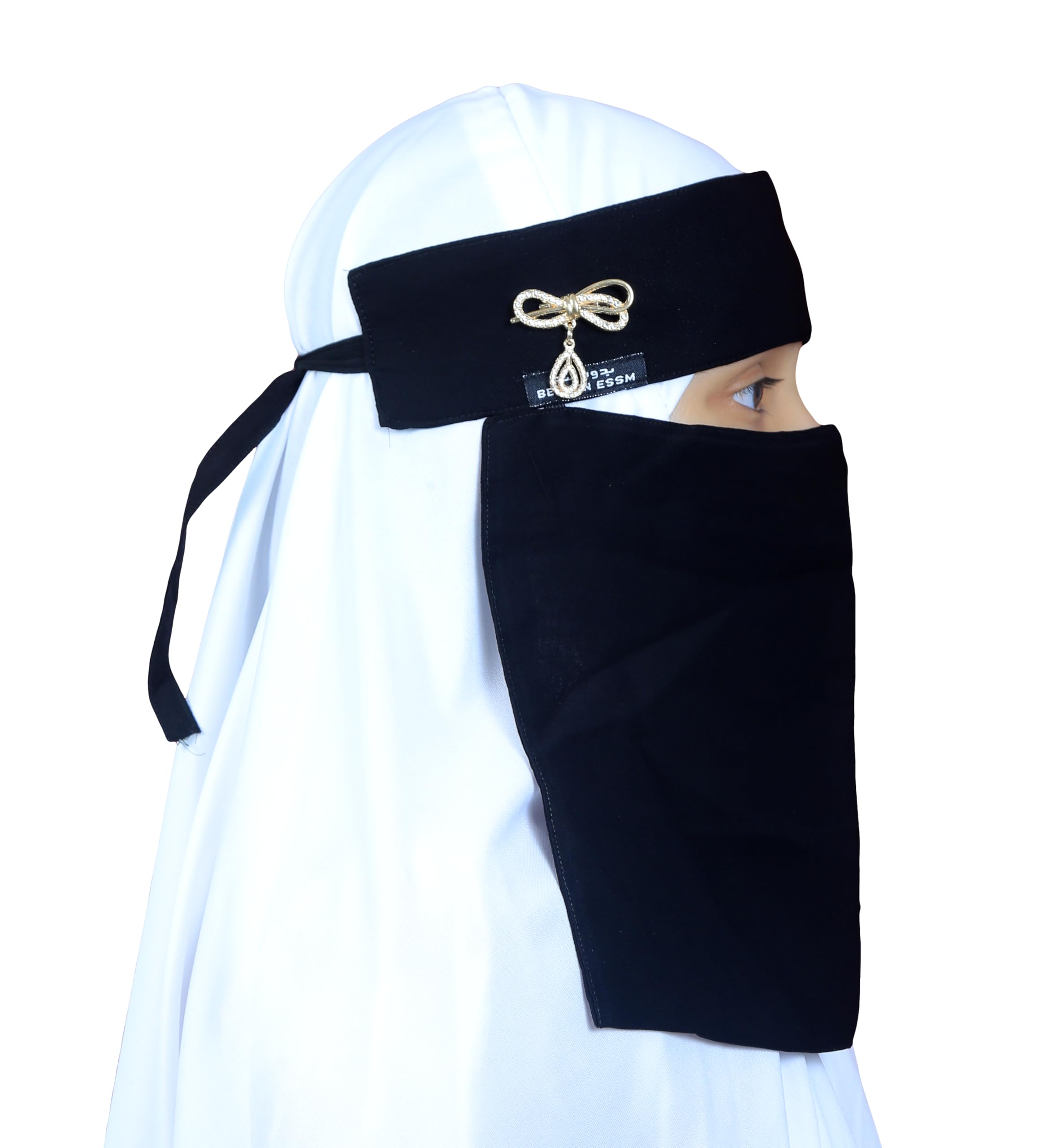 AL RIDHA Women's Babussalam Fabric Fashion Nosepiece One‑Layer Half Hijab Pendant Design Saudi Niqab for Muslim Women and Girls, Black (Teardrop Bow Pendant)