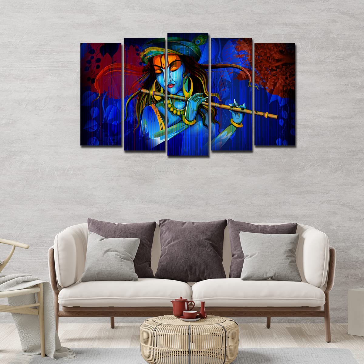 VIBECRAFTS 5 Pieces Shree Krishna Playing Flute Canvas Wall Painting For Home|Office|Living Room|Gift (PTVC5Pcs2_6508)