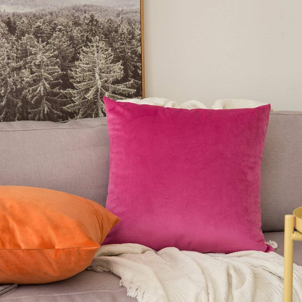 Khooti Velvet Cushion Cover, 16x16 | Pink | Pack of 2 | Solid Plain Soft & Smooth, Decorative Cushion Covers for Living Room, Bedroom, Couches, Chairs, Sofas, Beds & Home Decor