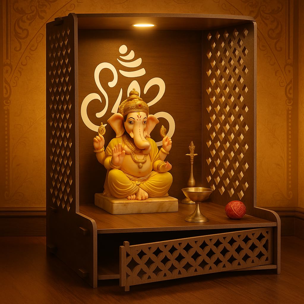 EXPRO Wooden Wall Mounted Pooja Mandir for Home & Office, Wooden Temple for Home Decor Hanging Pooja Stand for Idols | Height: 5 | DIY (Do-It-Yourself) (Height 41 | Ganesh Ji Design-2)