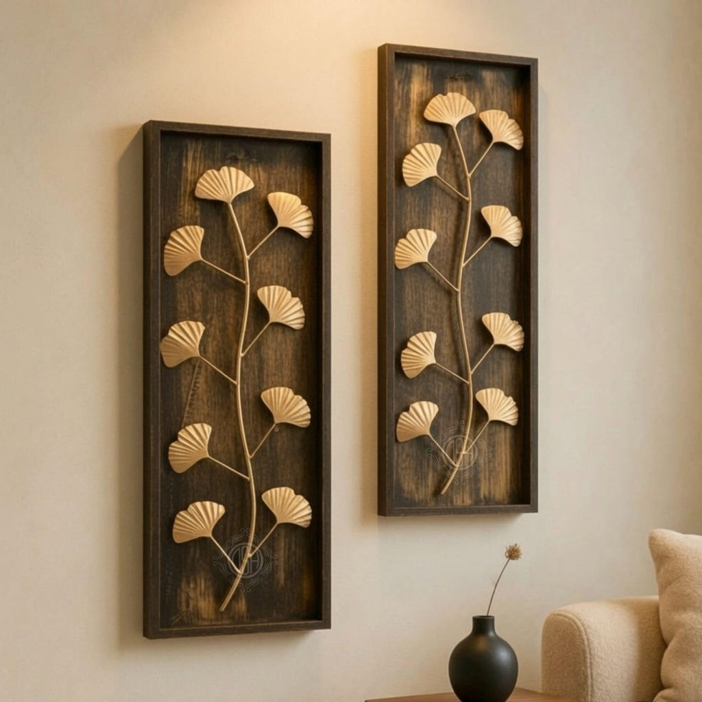 DSH Leaf Wall Art Panels Modern Rustic Home Décor Wall Hanging Sculpture for Living Room, Bedroom & Office (45X15 CM) Decoration Item (Ginkgo Leaf, 2 Frames)