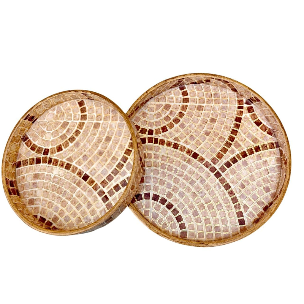 TRAYZON Round MDF Serving Tray Set of 2 | Decorative Mosaic Design | Premium Glossy Waterproof Finish | Wooden Tea & Coffee Serving Trays for Kitchen, Dining, Home Decor & Gifting | Brown & Beige