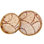 TRAYZON Round MDF Serving Tray Set of 2 | Decorative Mosaic Design | Premium Glossy Waterproof Finish | Wooden Tea & Coffee Serving Trays for Kitchen, Dining, Home Decor & Gifting | Brown & Beige