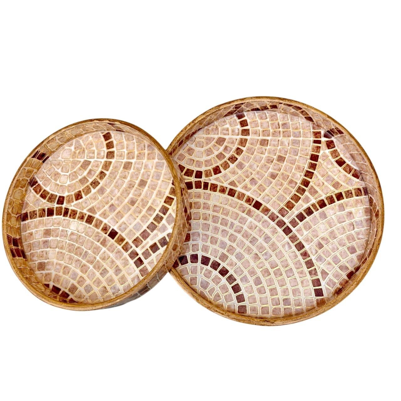 TRAYZON Round MDF Serving Tray Set of 2 | Decorative Mosaic Design | Premium Glossy Waterproof Finish | Wooden Tea & Coffee Serving Trays for Kitchen, Dining, Home Decor & Gifting | Brown & Beige