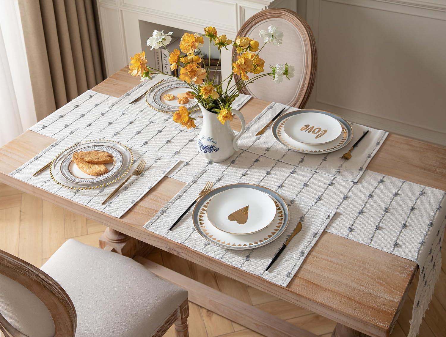 ALSTONIA Handmade Natural Cotton Dining Table Placemats | Heat Resistant Dining Table Place Mats for Kitchen Coffee Center Table & Eating Areas (Grey & White, 6 Pcs Placemats with 1 Runner(14x72) Kafalo