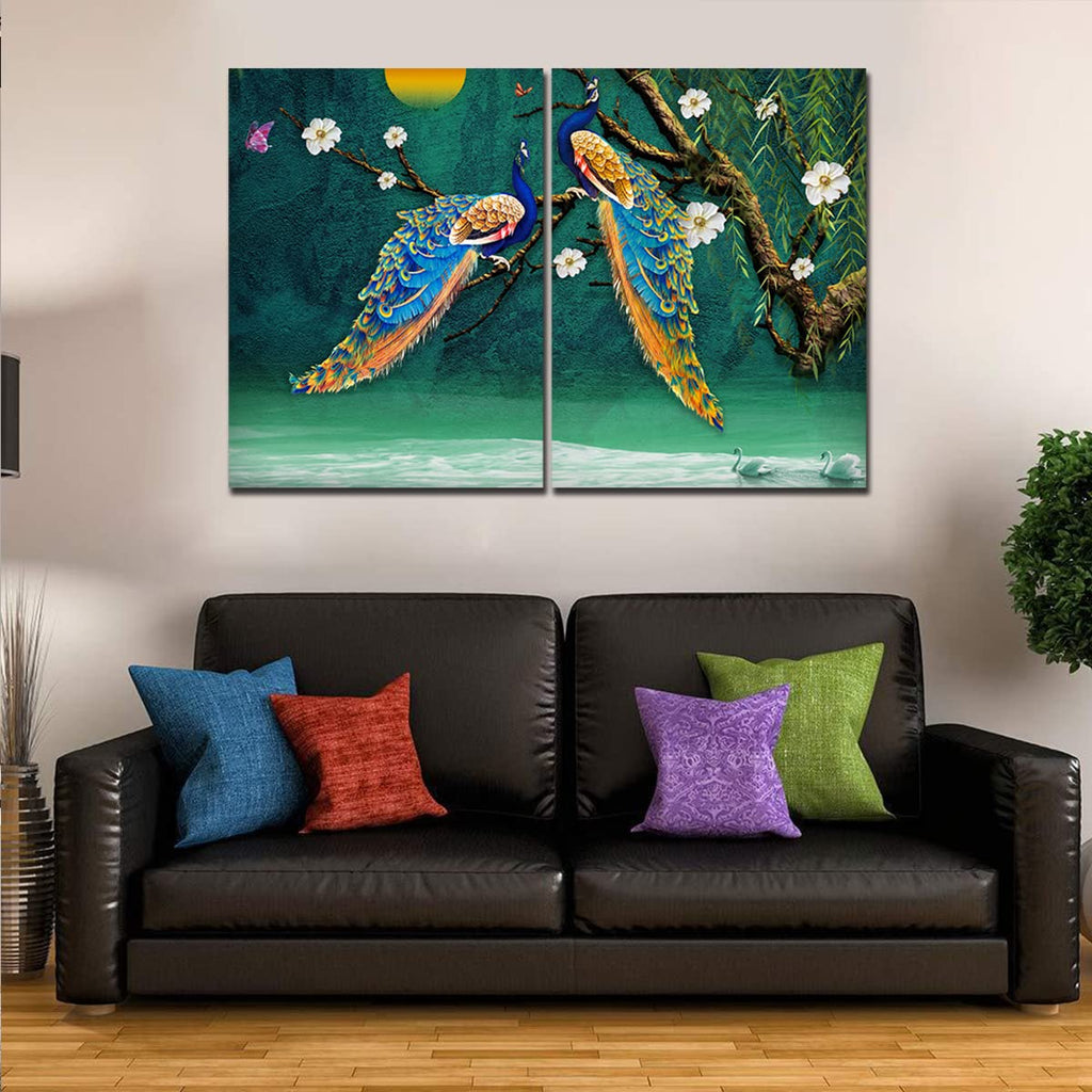 VIBECRAFTS 2 Pieces Beautiful Bird Couple In Forest Canvas Wall Painting Fitted With Wooden Frame For Home | Office | Living Room | Gifts(PTVC2Pcs1_17507)