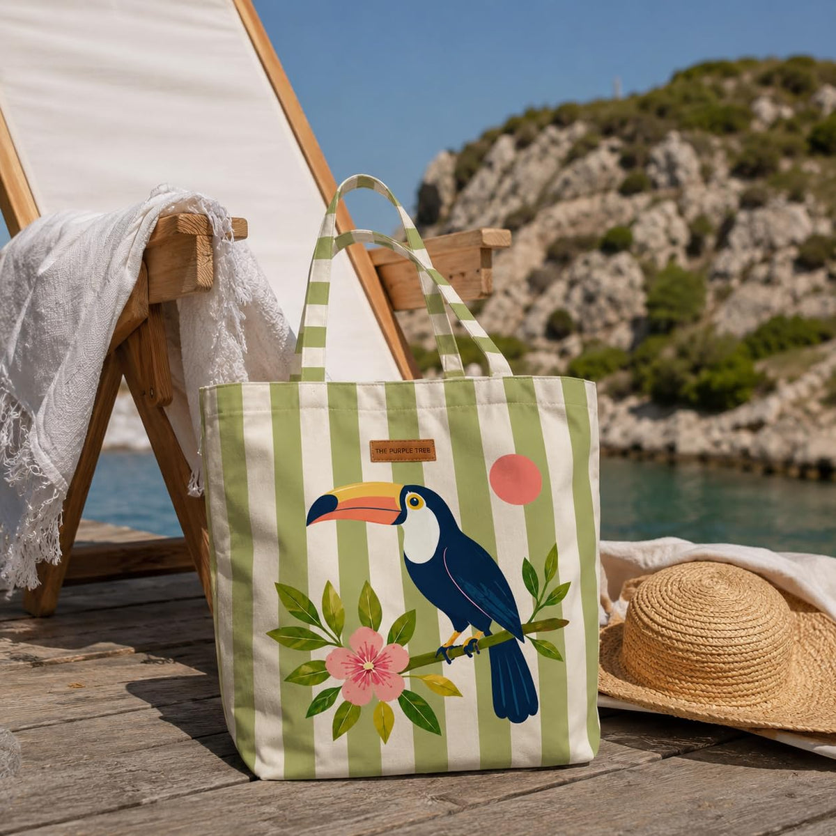 The Purple Tree Tropical Toucan Tote Bag for Women | Summer Beach Canvas Beach Tote | Travel Carryall, Shopping Bag, Vacation Tote | 40 x 43 cm