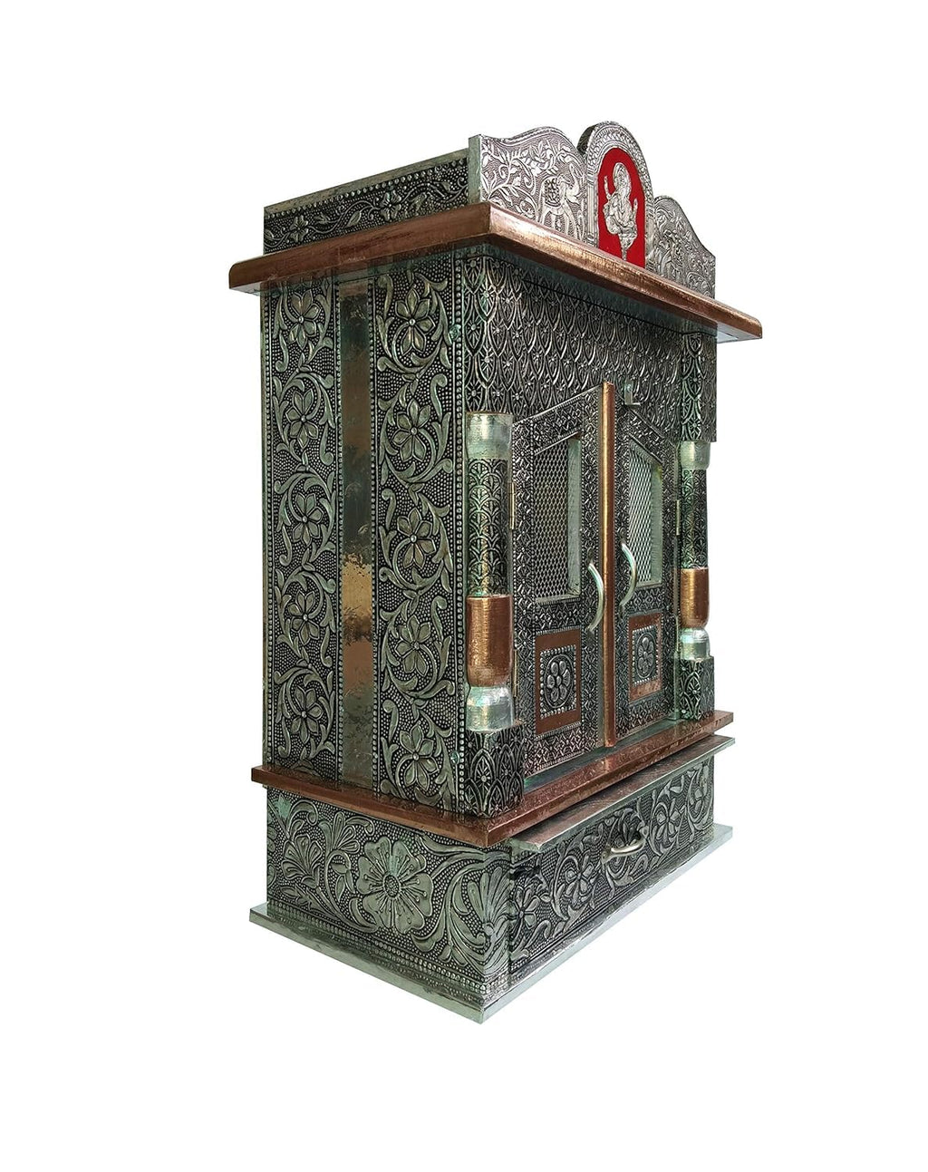 Suhanika Crafters Wood Aluminium and Copper Oxidized Home Temple (L-12, B-7 inches