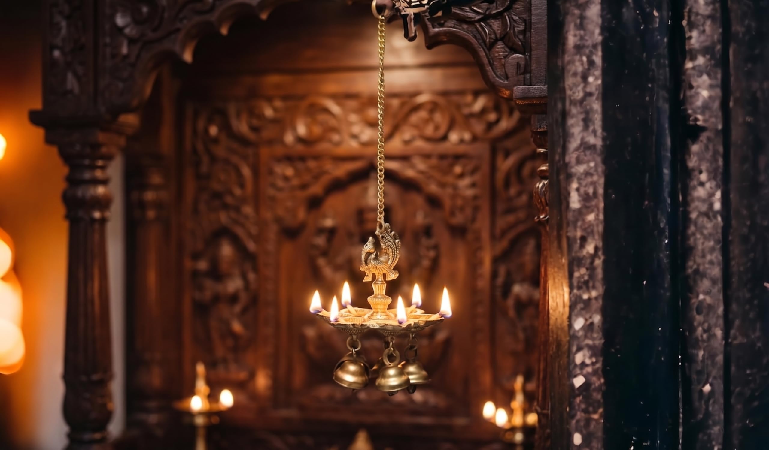 KridayKraft Aluminium Handmade Ethnic Small Peacock Design 5 Oil Wick Hanging Diya, Diyas for Decoration, Medium , Pack of 1, Hanging Decorative Items