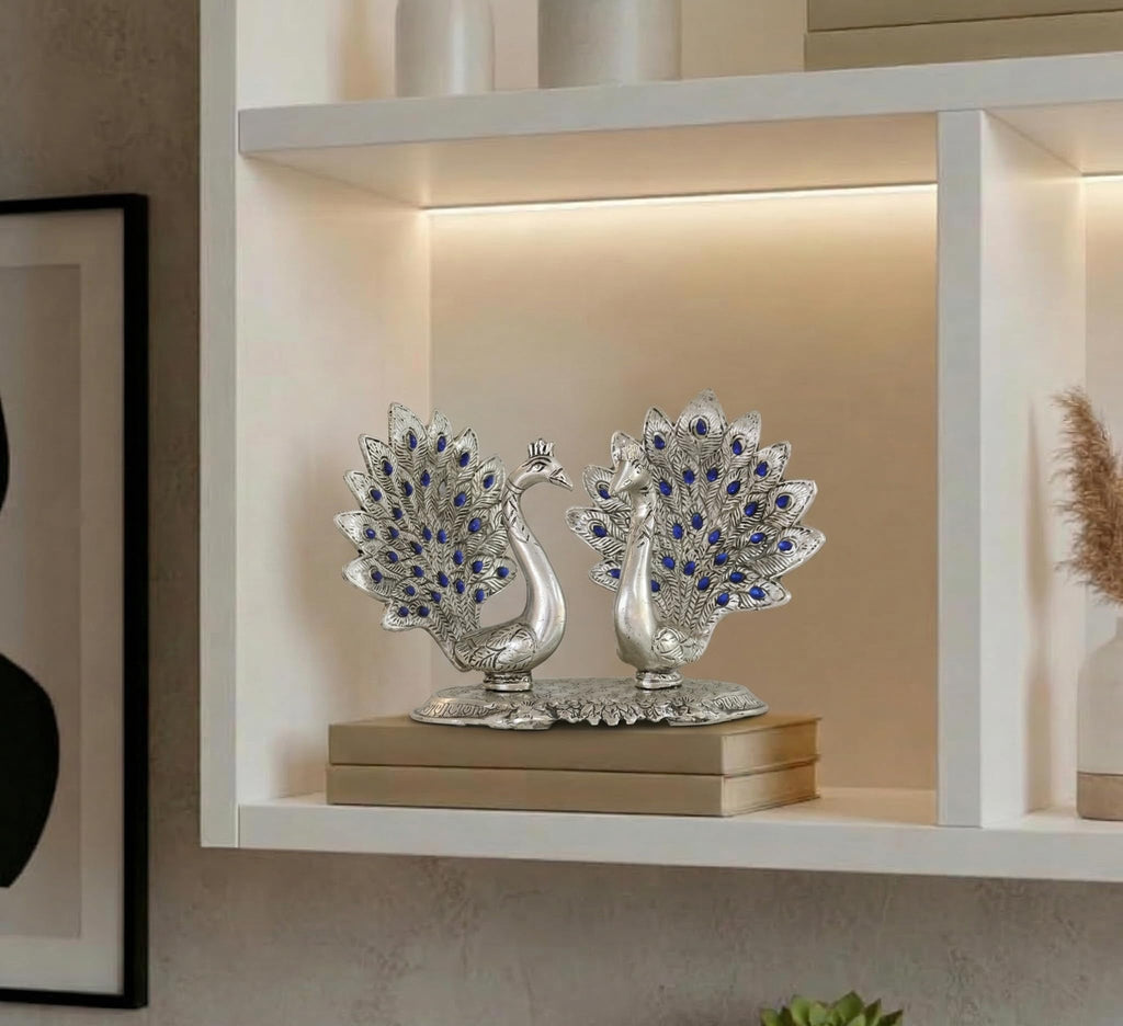 KridayKraft Double Peacock Metal Statue, Lovers Peacock Couple, Animal Showpiece Figurines, Feng Shui as Table Top Figurine for Living Room, Office, Bedroom, Decorative (Silver)