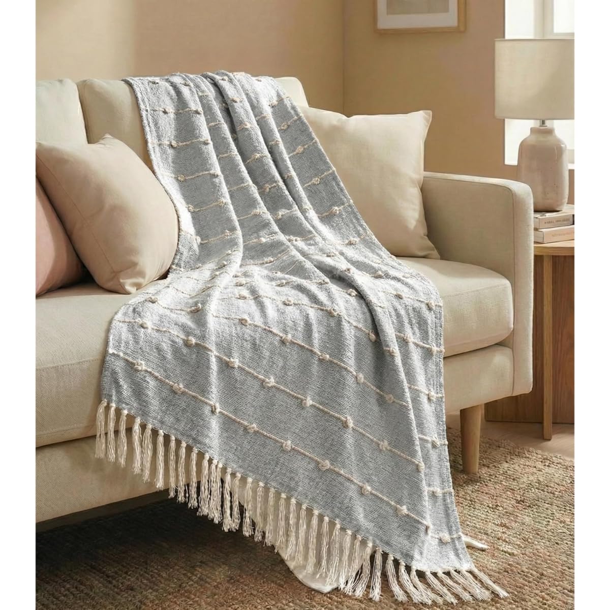 24x7 Home Store Decorative Sofa Throw Blanket with Tassel Fringe, Boho Style, Cream and Navy (Grey, Zig Zag Throw) Kafalo
