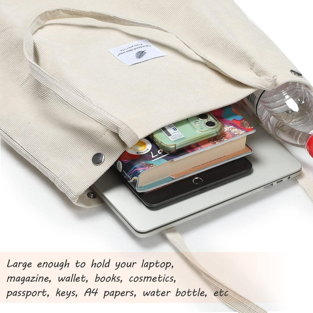 Street27 Womens Korean Canvas Corduroy Tote Bag Casual Work Shoulder Handbags|Multi-Purpose Bag |Sturdy Canvas Bag With Large Capacity|Shopping Bag For Office, College & Daily Use (Beige)