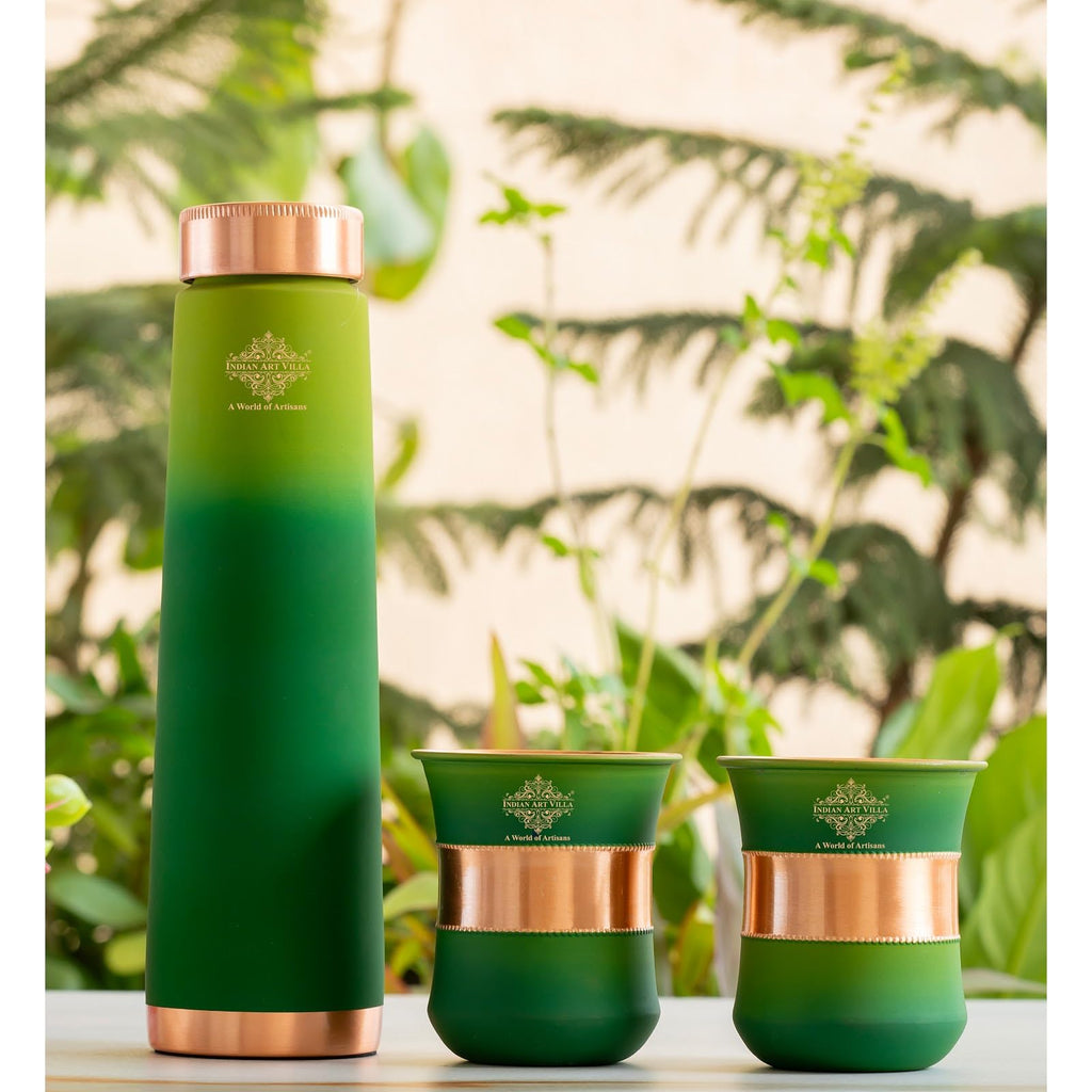 INDIAN ART VILLA Copper Bottle & Glass Gift Set - 800 ml Water Bottle & 2 Glasses (300 ml Each) - Green Pyramid Ombre Silk Finish, Perfect for Gifting & Everyday Use