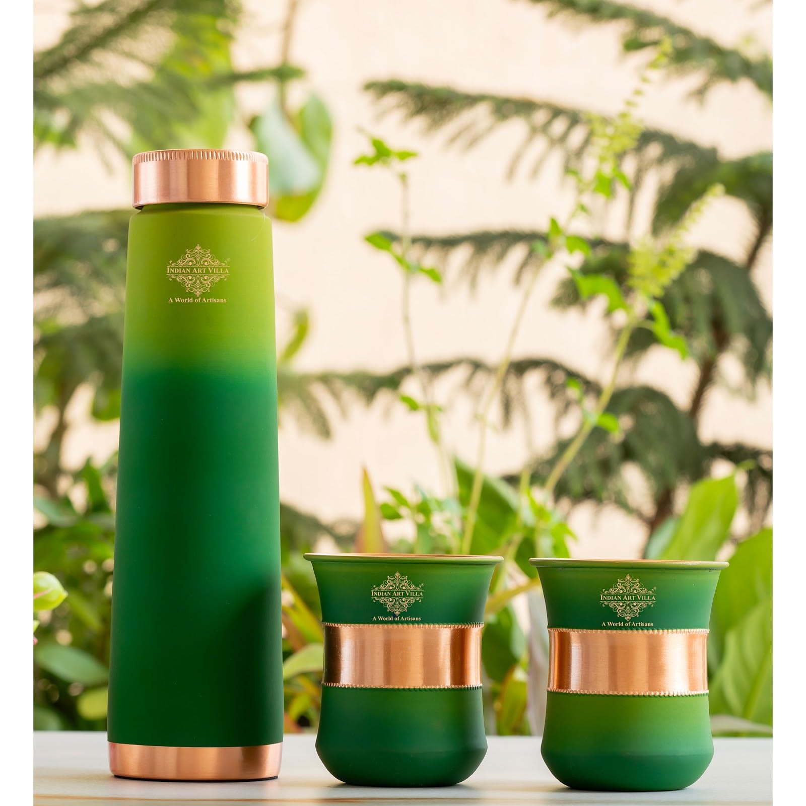 INDIAN ART VILLA Copper Bottle & Glass Gift Set - 800 ml Water Bottle & 2 Glasses (300 ml Each) - Green Pyramid Ombre Silk Finish, Perfect for Gifting & Everyday Use