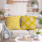 STITCHNEST Set of 2 Polycotton Cushion Covers – 24x24 Inches – Yellow & White Ikat Geometric Print – Elegant Cushion Covers for Sofa & Living Room | Perfect for Home Decor