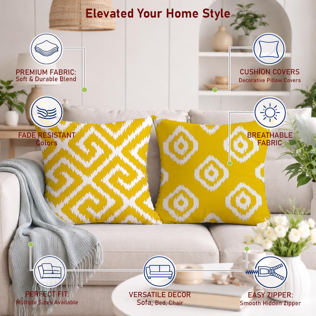 STITCHNEST Set of 2 Polycotton Cushion Covers – 24x24 Inches – Yellow & White Ikat Geometric Print – Elegant Cushion Covers for Sofa & Living Room | Perfect for Home Decor