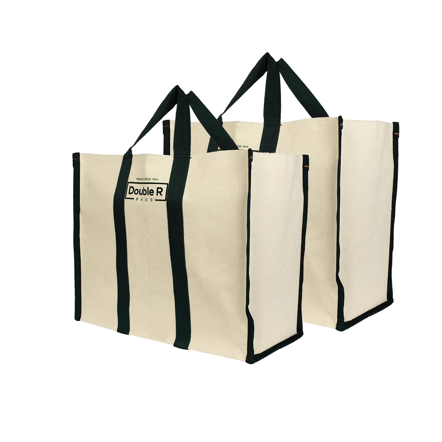 DOUBLE R BAGS Women’s Eco-Friendly Cotton Canvas Tote Bag | Big Reusable Jhola Bag for Grocery, Milk, Fruits & Vegetables with Reinforced Handles | 43x21x35 cm, 1 Compartment (Black, Pack of 2)