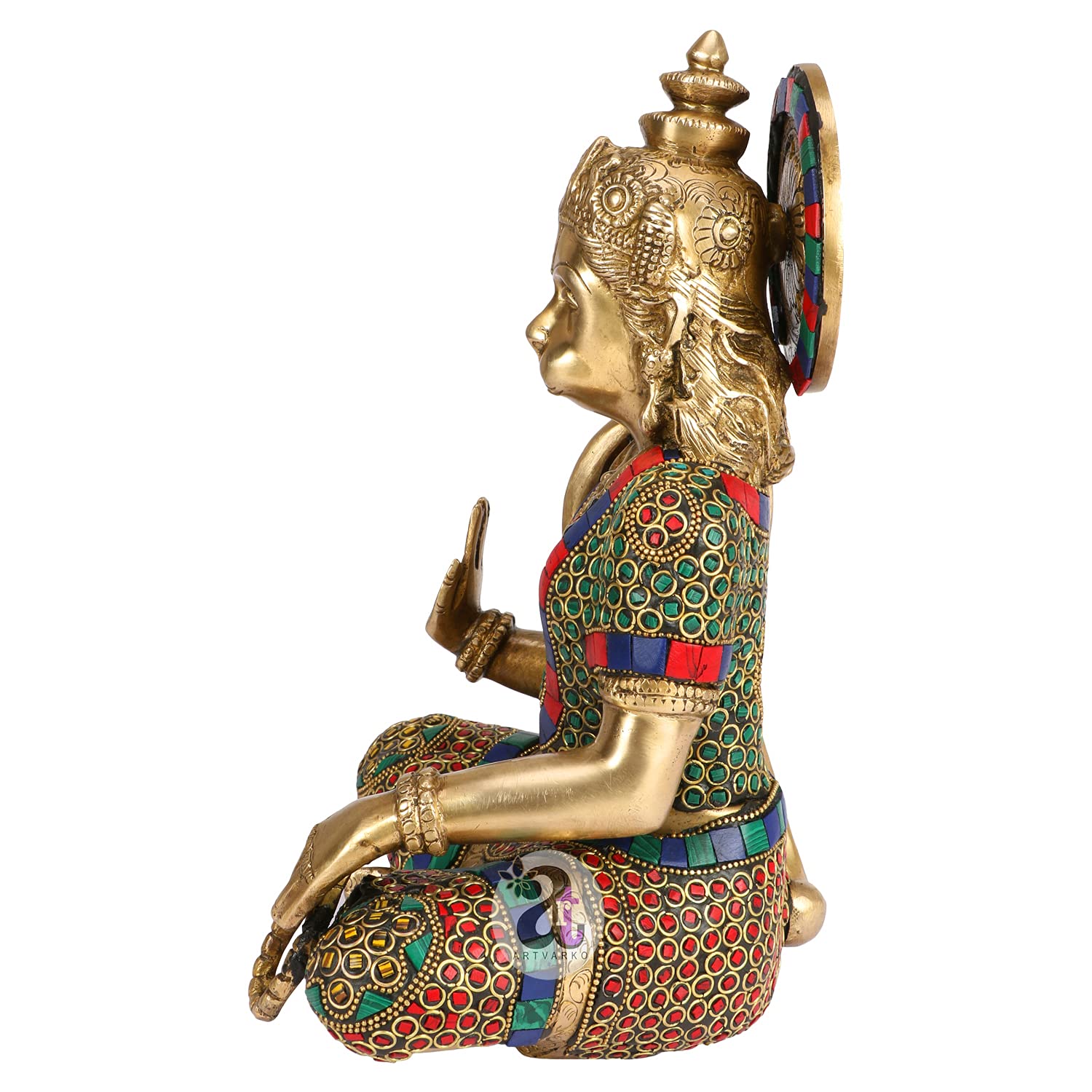 Artvarko Brass Hanuman Idol Multicolor Stone Handwork | Bajrang Bali Sitting Blessing Meditation for puja Sculpture Diwali Decor Gifts Height 11 Inches