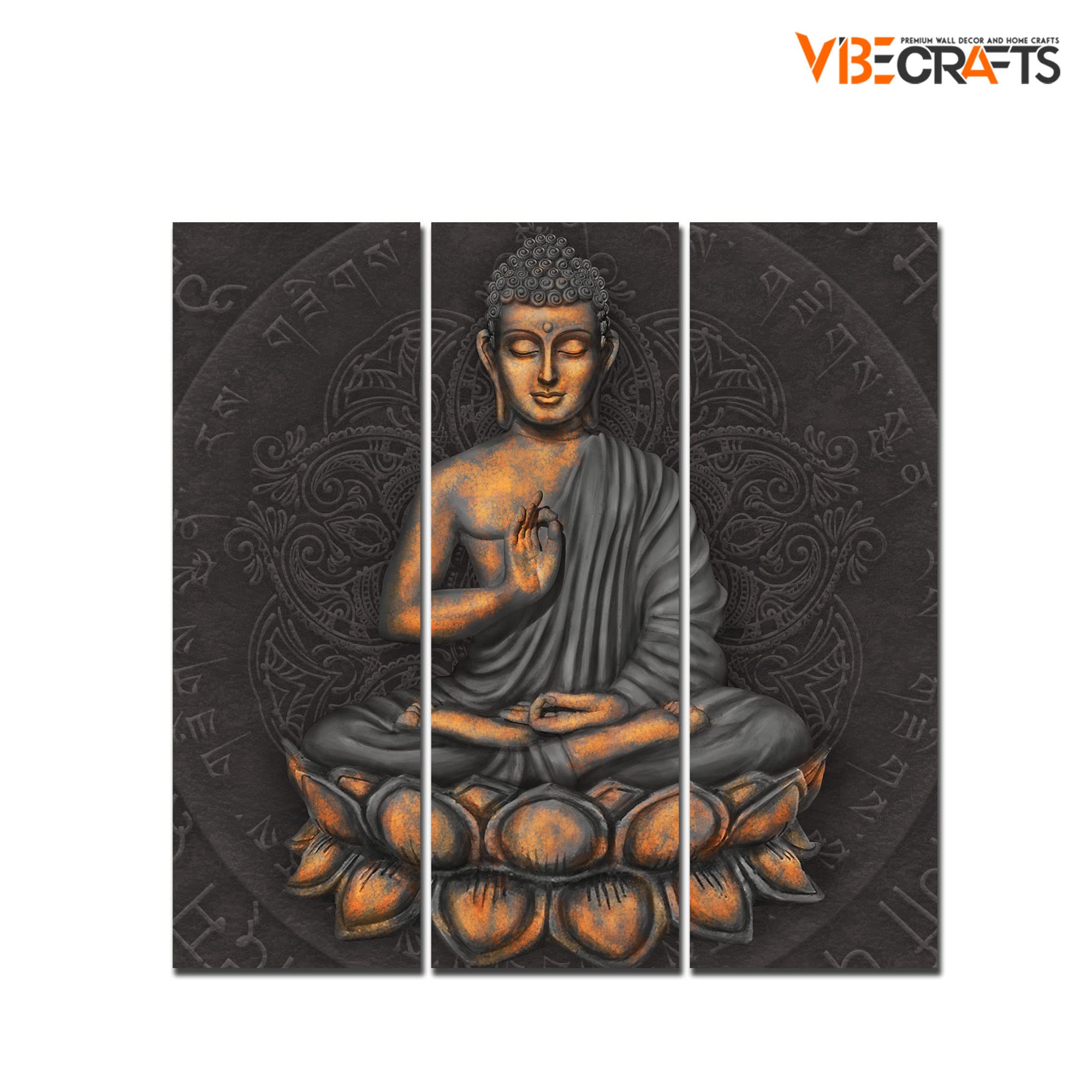 VIBECRAFTS Buddha Sitting On Lotus 3 Pieces Canvas Wall Painting Fitted With Wooden Frame For Home | Office | Living Room | Gifts (PTVC3Pcs1_9593)