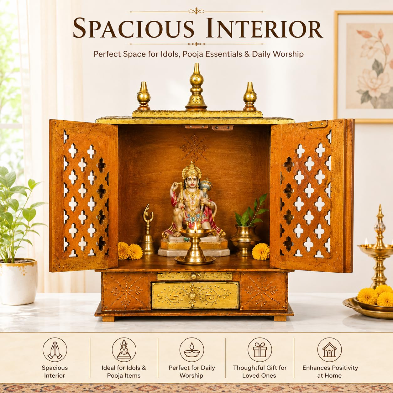 Home and Bazaar Wooden Temple Rajasthani Ethnic Handcrafted Mandir, Pooja Ghar Mandapam - 18x9x24 Inch (46x23x61 Cm) Brown | Traditional Wood Pooja Mandir Hindu Temple for Home Décor Mandapam