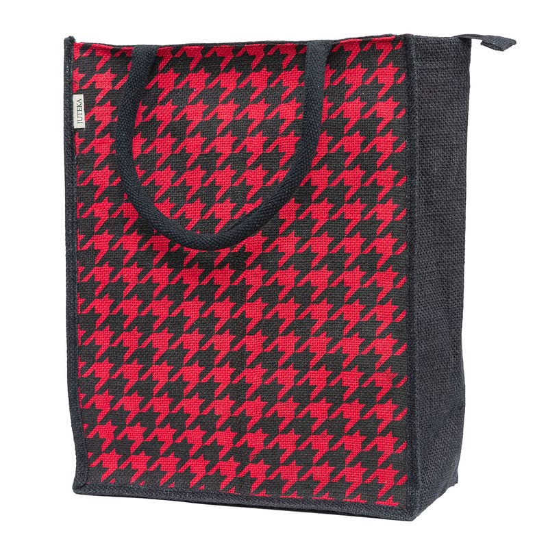 JUTEKA Red Houndstooth Printed Jute Bag for Lunch, Grocery, Tote, Hand, Picnic - for Men, Women, Girls, Kids with Zip