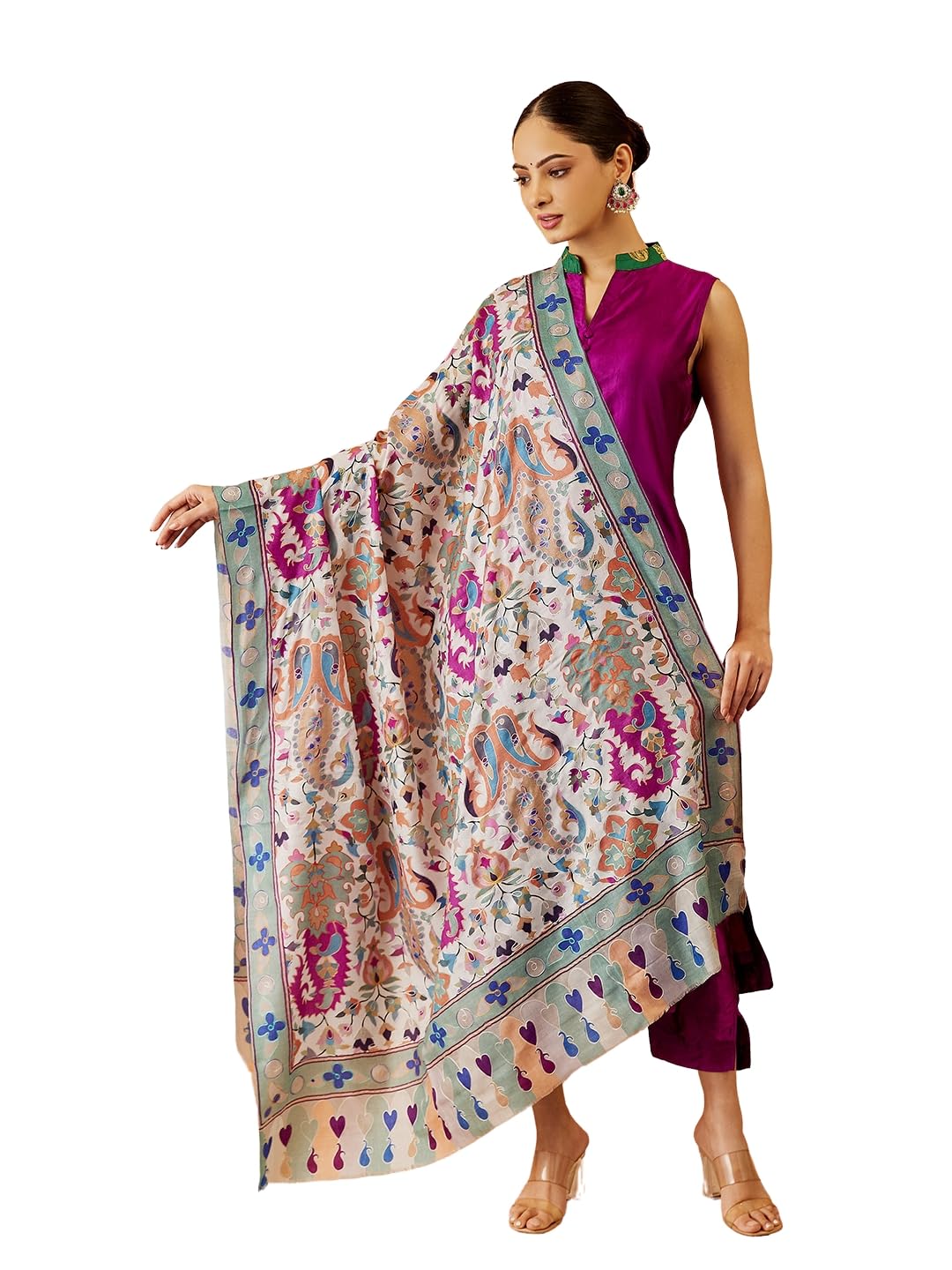 Pashmoda Women Zehra Fine Wool Fabric Pashmina Kalamkari Embroidered Shawl, Stole and Wrap, Sustainable and Natural Fabric, Heritage Kashmiri Pashmina(Size 40x80)