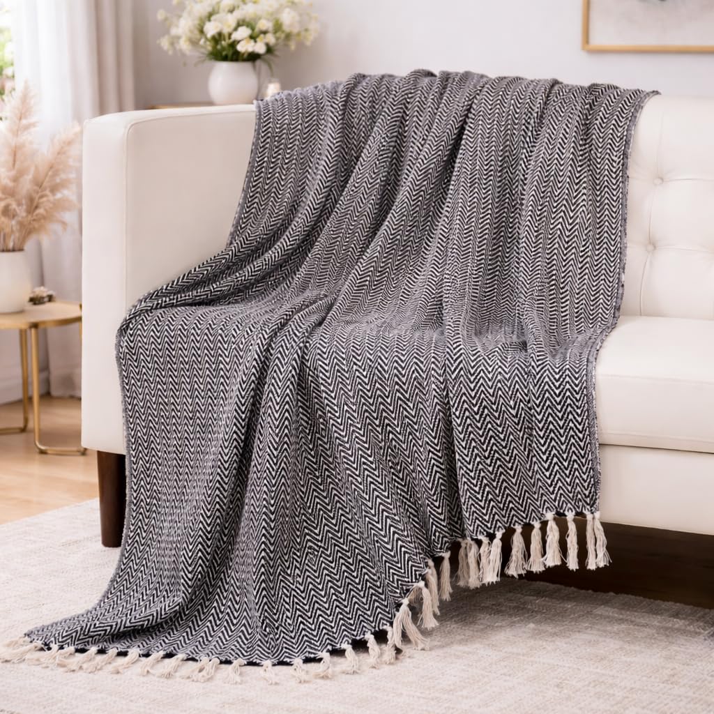 Tarantaran All Season Cotton Weaved Throw Blanket for Bed/Sofa 50x70 Inches Black Kafalo