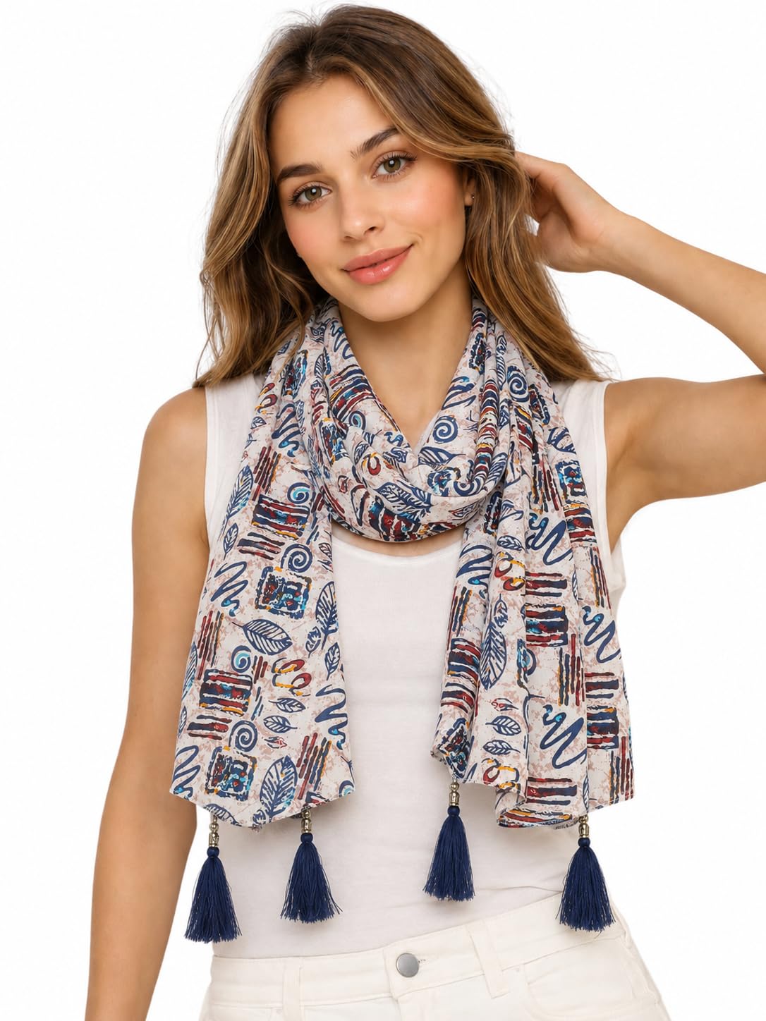 Women's Printed cotton Scarf with Tassels, Lightweight Boho Stole, 180x50 cm, All Seasons (multi)