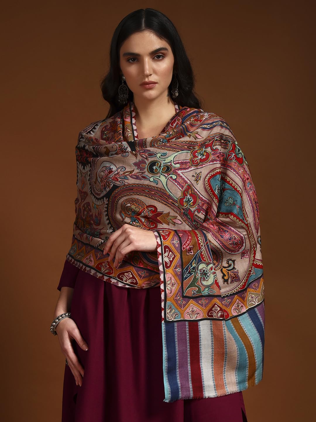 Pashmoda Women Rangdil 100% Pure Wool Fabric Kalamkari Embroidered Stole, Shawl and Wrap, Sustainable and Natural Fabric, Heritage Kashmiri Pashmina (Size 28x80 Inches) Beige Colour KAST02