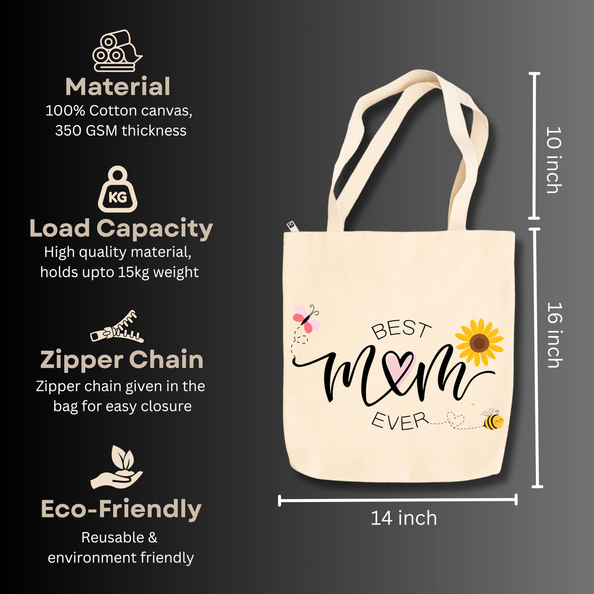 snapiq COTTON 350 GSM Canvas Tote Bag for Women and Girls Thick Fabric with Zipper (Cotton Canvas, Best Mom)