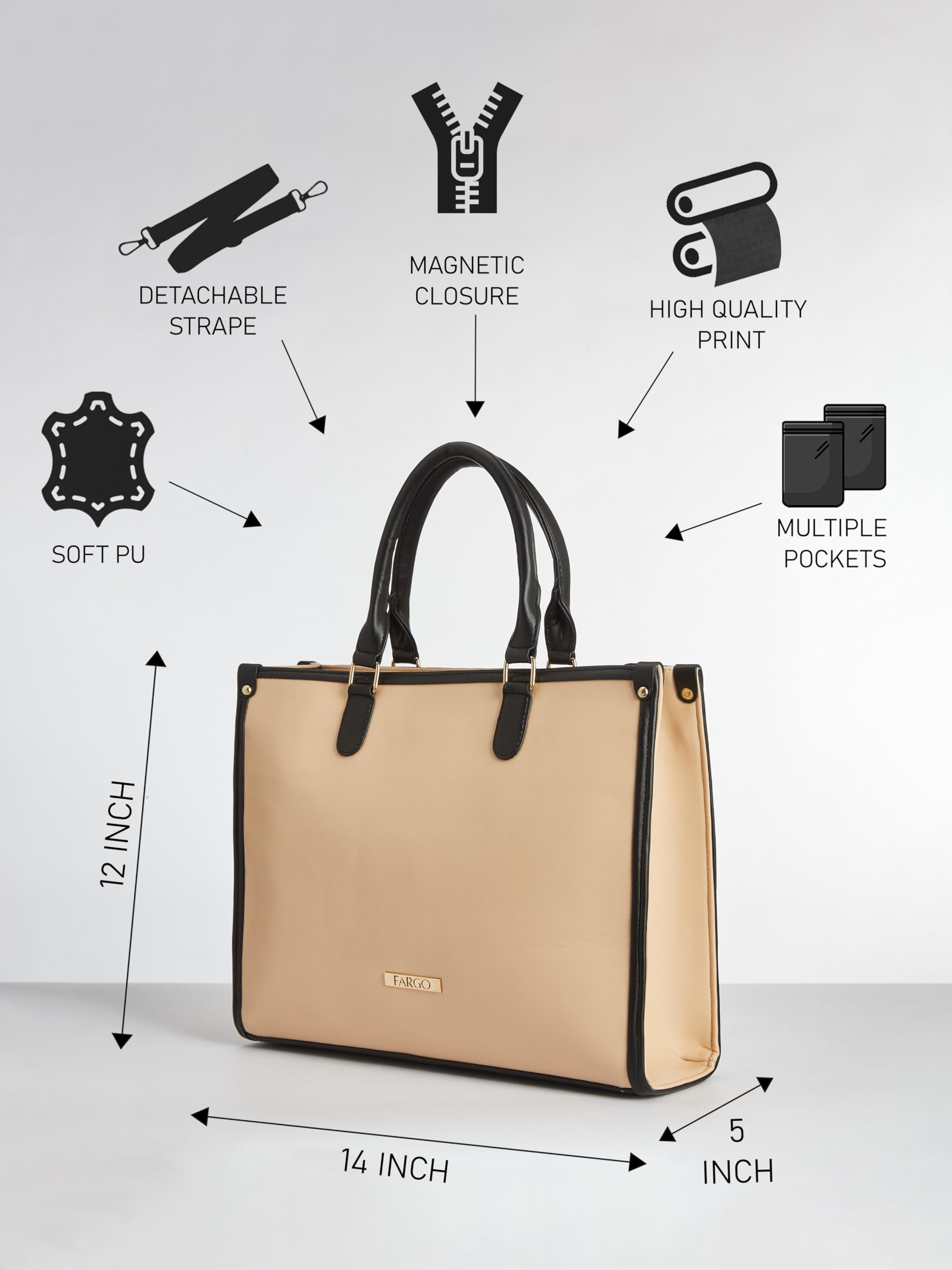 Fargo Regal Beige Vegan Leather Tote Bag for Women | Laptop Compartment, RFID Pockets, YKK Zipper, Large Office Handbag | Shoulder Bag for College & Daily Use | Made in India
