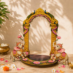 Pink n Purple Ganpati Singhasan MDF Throne, Gold and Pink, Traditional Indian Style, Twin Elephant and Peacock Arch, Lotus Base, Ganesh Chaturthi Mandap Decor