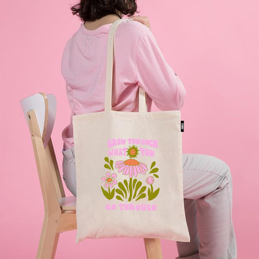 VVWV Grow Through What You Go ThroughPrinted Eono Reusable Tote Bags | 100% Organic Cotton Shopping/Grocery Bag | Multi-Purpose Bag | Sturdy Canvas Bag with 15kgs Capacity (13 x 15.7 Inch)