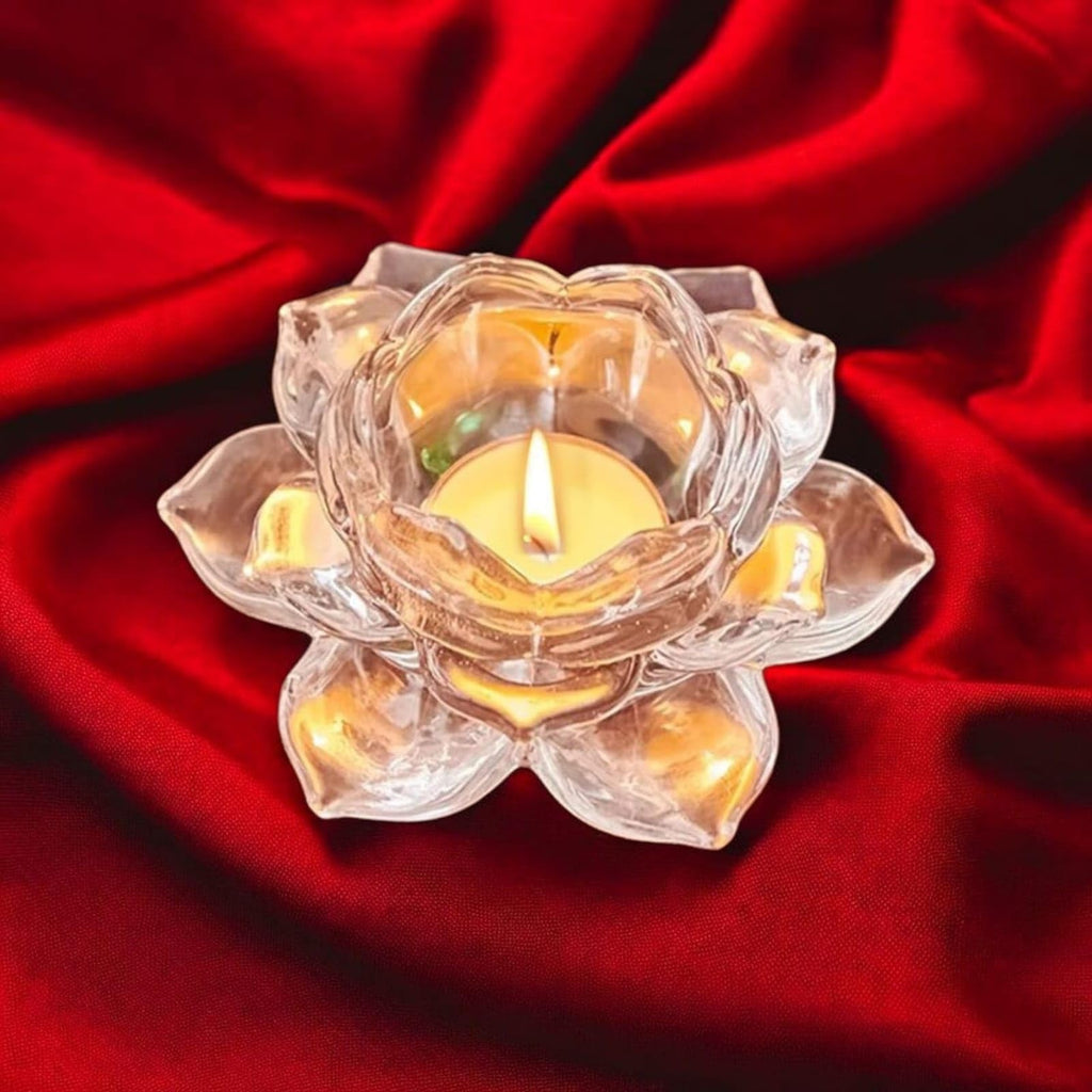 Saudeep India Set of 2 Diwali Tealight Candle Holders | Crystal Glass Lotus Decorative Tealights | Reusable Tea-Lights for Diwali Decoration, Pooja, Home Decor, Wedding & Festive Gifting