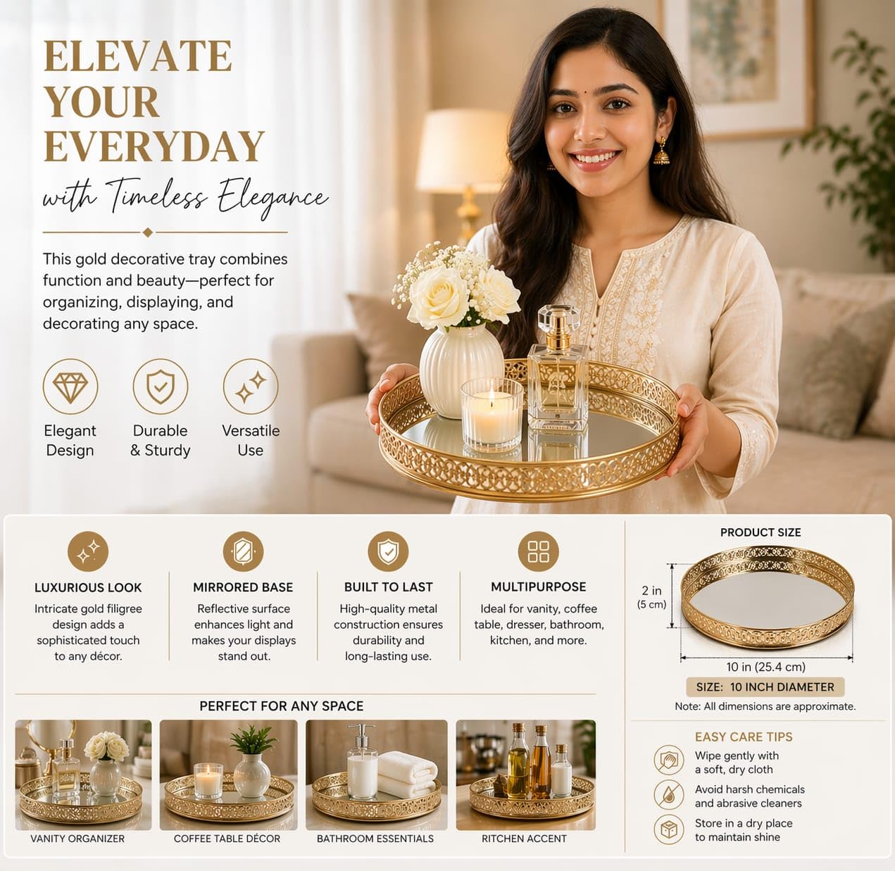 Craft Brio -A TRENDY HANDICRAFTS Round Decorative Mirror Tray 10 inches Dia Gold Plated Round Decorative Glass Mirror for Weeding and Pooja Diwali Gifting (10 X 10 X 2 Inches)