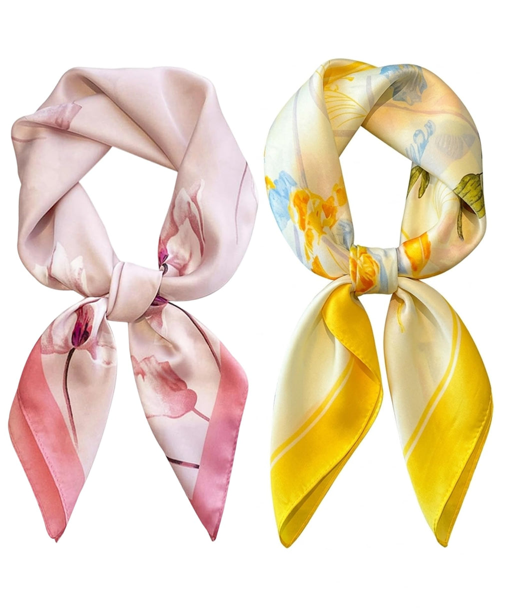 SRKSPYFD 2Pcs Scarf for Women Stylish, Square Lightweight Satin‑Feel Hair Scarf, Yellow and Pink Floral Print Polyester Neckerchief for Women, Headscarf for Hair Wrap, Purse & Neck