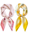 SRKSPYFD 2Pcs Scarf for Women Stylish, Square Lightweight Satin‑Feel Hair Scarf, Yellow and Pink Floral Print Polyester Neckerchief for Women, Headscarf for Hair Wrap, Purse & Neck
